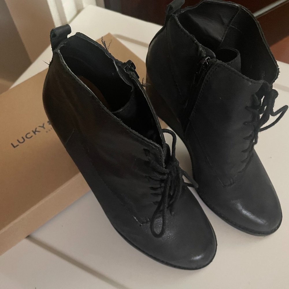 Black Leather Lucky Brand Wedge Booties